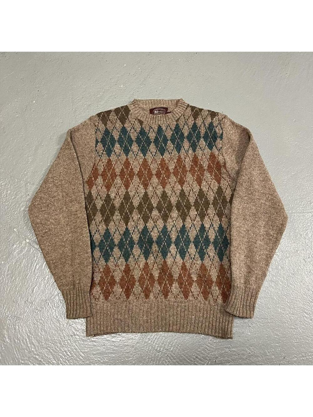 Vintage Winter Harbor Made in USA Brown Argyle Pattern Wool Sweater